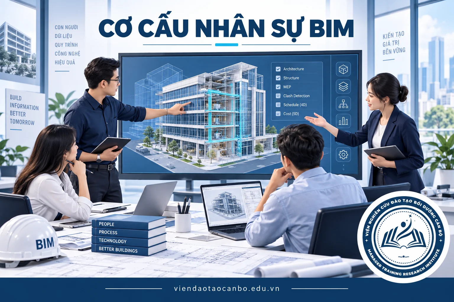 Nhóm kỹ sư trao đổi trước mô hình BIM liên hợp, minh họa cơ cấu nhân sự dự án