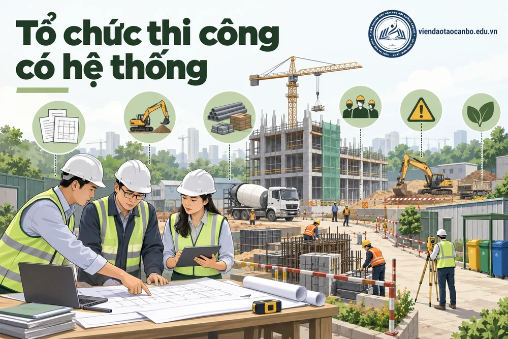 Tổ chức thi công có hệ thống trong biện pháp thi công: ai lập, ai ký, ai phê duyệt, nội dung trong hồ sơ dự thầu và khi thi công