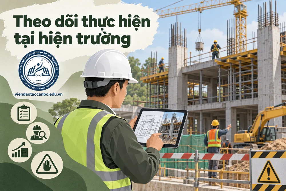 Theo dõi thực hiện tại hiện trường trong biện pháp thi công: ai lập, ai ký, ai phê duyệt, nội dung trong hồ sơ dự thầu và khi thi công