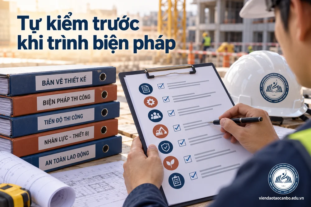 Tự kiểm trước khi trình biện pháp trong biện pháp thi công: ai lập, ai ký, ai phê duyệt, nội dung trong hồ sơ dự thầu và khi thi công
