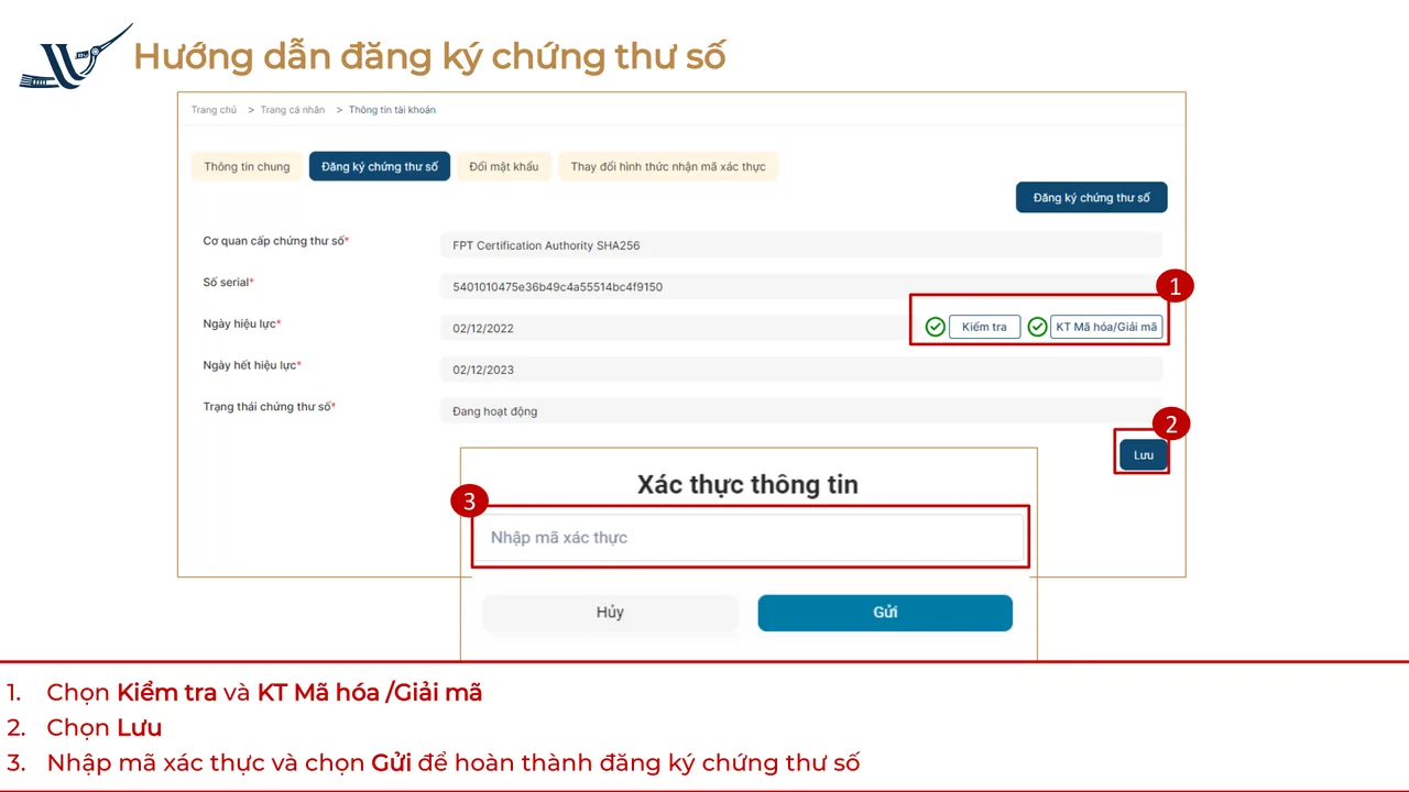 Kiểm tra + KT Mã hóa/Giải mã (2 tích xanh) → Lưu → nhập mã xác thực → Gửi; thấy các trường Cơ quan cấp, Số serial, Ngày hiệu lực/hết hiệu lực, Trạng thái