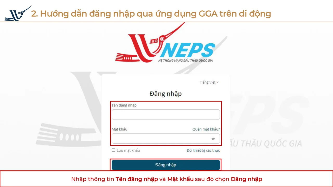 Màn hình Đăng nhập của Hệ thống với liên kết Quên mật khẩu và Đổi thiết bị xác thực