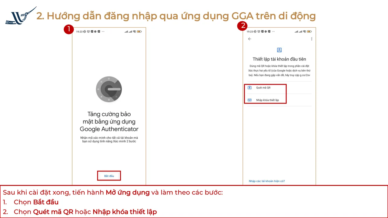 Ứng dụng Google Authenticator: nút Bắt đầu và hai lựa chọn Quét mã QR, Nhập khóa thiết lập