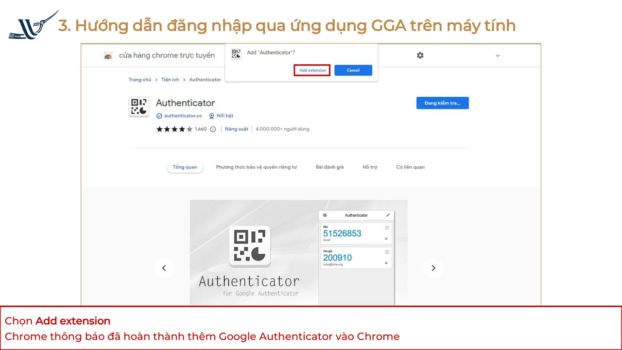 Cửa hàng Chrome trực tuyến: hộp thoại thêm tiện ích Authenticator với nút Add extension