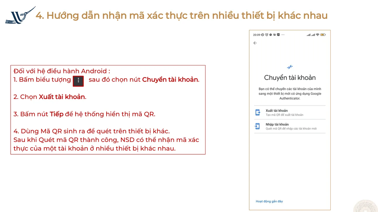 Google Authenticator trên Android: màn hình Chuyển tài khoản với Xuất tài khoản, Nhập tài khoản