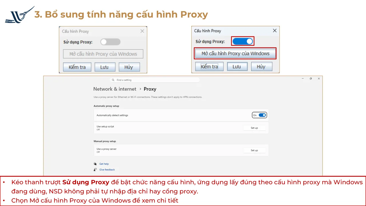 Thanh trượt "Sử dụng Proxy" (lấy cấu hình proxy của Windows) + "Mở cấu hình Proxy của Windows"
